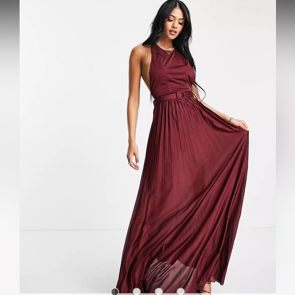 ASOS Dresses Asos Design Tall Halter Belted Pleated Maxi Dress In 